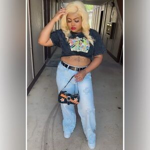 SHEIN Women's Light Blue Relaxed Jeans with Cross Pattern